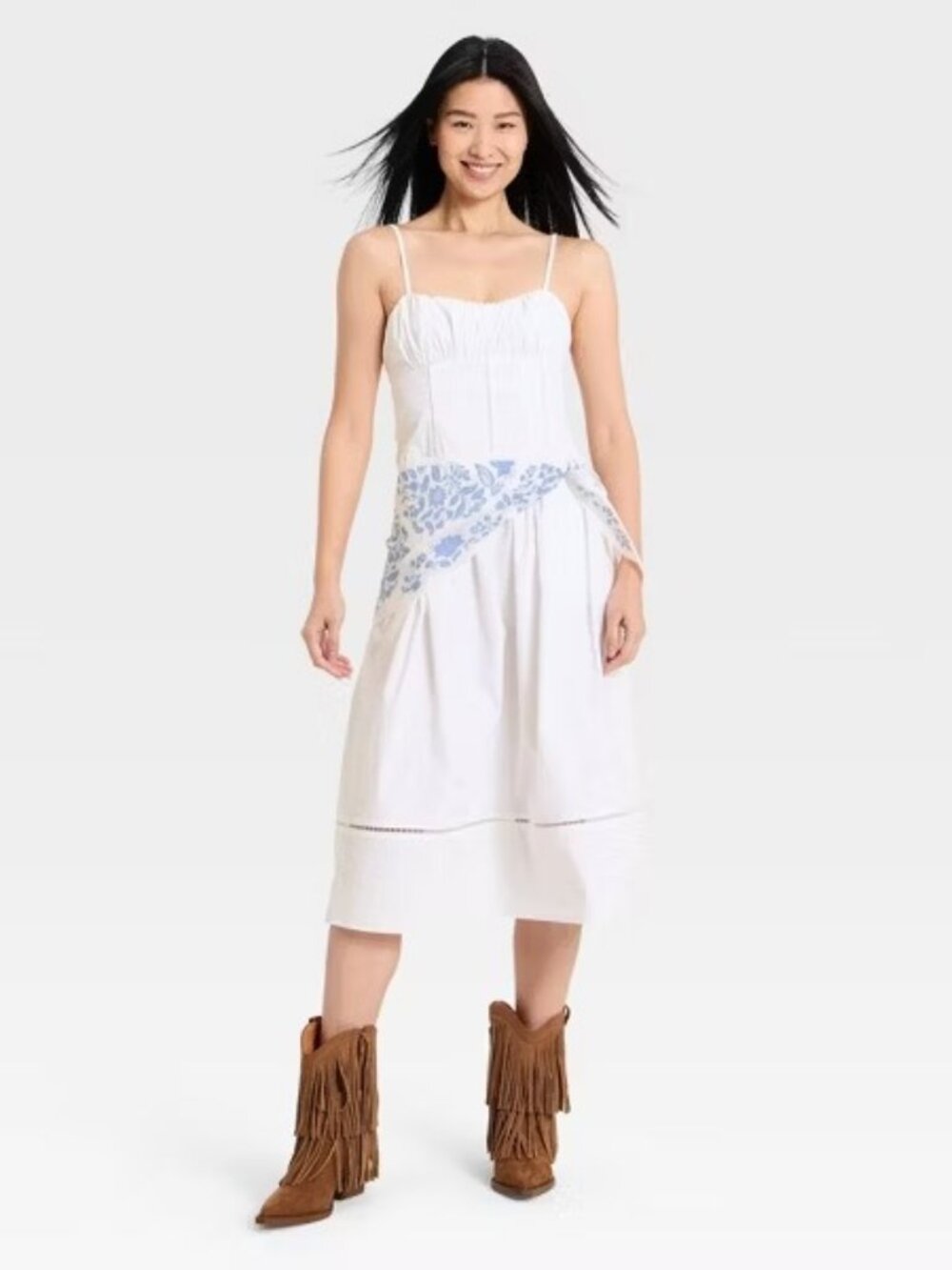 Women's White Corset Midi Dress Spaghetti Strap Ruched Bustier A-Line Pockets X